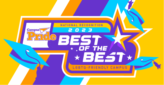 Graphic featuring blue graduation caps and text that reads National Recognition 2023 Best of the Best LGBTQ-Friendly Campus