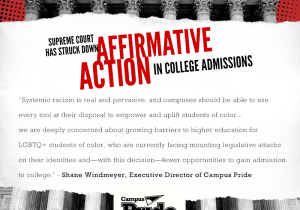 Black and white stylized image of the Supreme Court with the Campus Pride logo and white and red text that reads Supreme Court Has Struck Down Affirmative Action in College Admissions and a quote from Campus Pride Executive Director Shane Windmeyer that reads Systemic racism is real and pervasive, and campuses should be able to use every tool at their disposal to empower and uplift students of color...we are deeply concerned about growing barriers to higher education for LGBTQ+ students of color, who are currently facing mounting legislative attacks on their identities and, with this decision, fewer opportunities to gain admission to college.