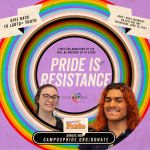 Purple square with rainbow ring and headshots of two students, with text in several places which reads: Give Back to LGBTQ+ Youth - June 1 Until Midnight on Give Out Day Wednesday, June 28, 2023 - First 500 Donations of $10 Will Be Matched up to $2500 - Pride Is Resistance - Give OUT Day - Donate now: CampusPride.org/Donate" and the Campus Pride logo