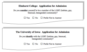 Figure 1. Identifying LGBT Applicants: Elmhurst College and the University of Iowa. Adapted from (a) “Elmhurst College: Application for Admission,” 2012, retrieved from http://media.elmhurst.edu/documents/Elmhurst_Application_2012.pdf ; and (b) “University of Iowa Will Ask Applicants if They Identify with Gay Community,” by E. Hoover, 2012, Chronicle of Higher Education, 59(17), p. 11.