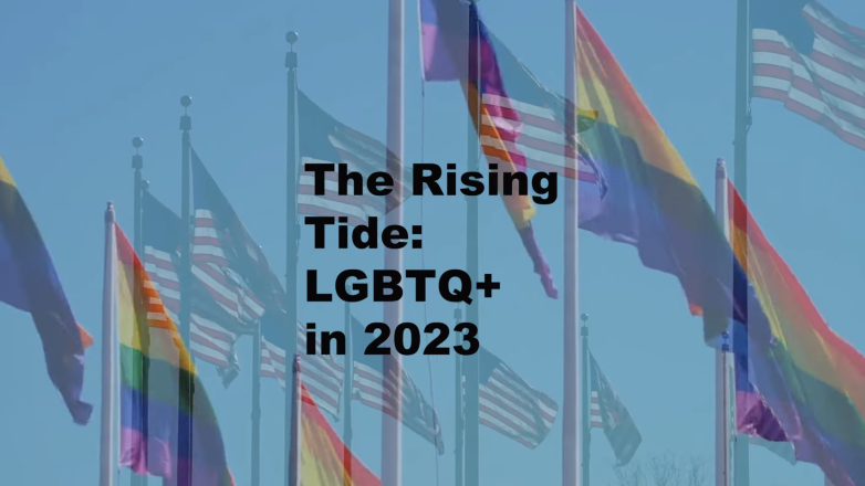 Screenshot of title image of the film, which shows American flags and Pride flags, with the superimposed title which reads: The Rising Tide: LGBTQ+ in 2023